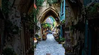 dark medieval alley in europe, photorealistic old buildings, arch, bright colors, people, flowers...