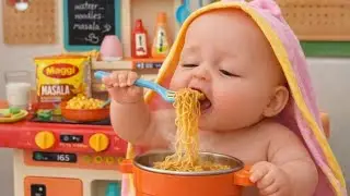 Cute Baby Eating Maggi in Mini Kitchen Toy 🧸🍝 | Baby Pretend Play #toys #baby #minikitchen 