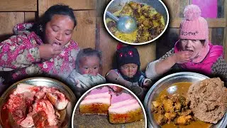 Pork Meat & Blood mix curry with Nepali Traditional food (DHIDO) Flour Rice || New Village food vlog