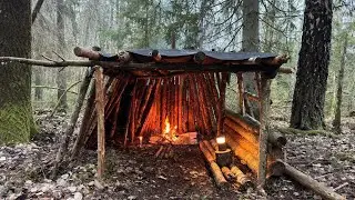 Winter Bushcraft camping, Building Survival Shelter With Fireplece Inside (MuradBushcraft)