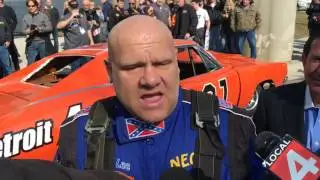 General Lee stunt driver Raymond Kohn talks after his spectacular jump in Detroit