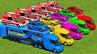 TRANSPORTING FIRE RESCUE, DACIA & SMART POLICE, MINI BUS WITH TESLA TRUCKS - Farming Simulator 22