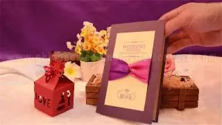 Romantic folding design purple wedding invitation card with ribbon