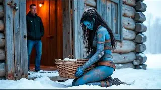Mysterious Blue-Skinned Woman in Winter Forest  Fantasy Scene Outside Rustic Cabin