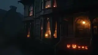 4K Free Stock Footage: Haunted Halloween Mansion in Fog with Spooky Pumpkins