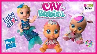 Cry Babies Dreamy, Bruny and Katie meet Baby Alive Shimmer 'n Splash Mermaid and go for a swim!