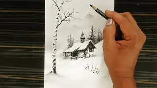 How to draw beautiful winter snowy house landscape by pencil with birch tree?