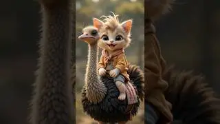 A cute kitten sitting on an ostrich. Dudi dudi dam dam song.