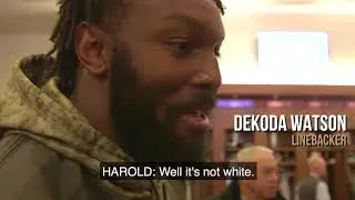 Dekoda Watson pokes fun at Eli Harold's shirt during interview