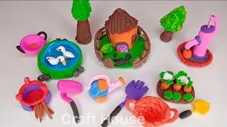 DIY how to make polymer clay miniature house kitchen set, tree, farm, tools
