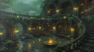 A Cozy Firelit Library Courtyard Beneath Soft Rain | Dark Academia Piano Ambience for Studying
