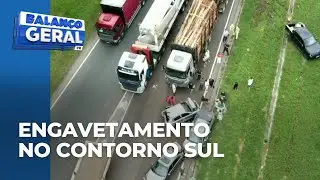 Caminhão que teria perdido os freios arrasta 7 veículos e provoca engavetamento em Curitiba
