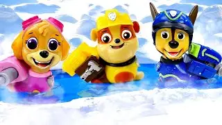Skye is upset! Paw Patrol toys choose the best present for their friend and have fun in the pool.