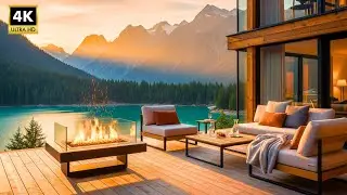 4K Fireplace & Mountain Sunset View Background | Luxury Lakeside Chalet Ambience