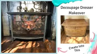 How to Layer Paint For Distressed Look/ Steampunk Decoupage Paper For Dresser Drawer / DIY Furniture