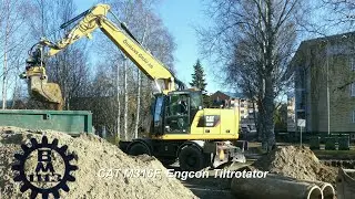 CAT M316F with Tiltrotator in Pipe work and Loading truck