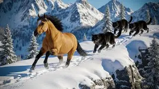 Frozen Chase! Hungry Black Cougars Chasing a Buckskin Horse