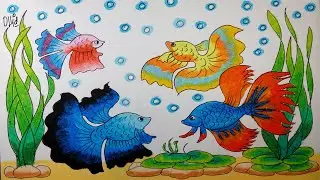 Cara Menggambar Ikan Cupang Dan Tanaman Air Dengan Crayon/Oil Pastel