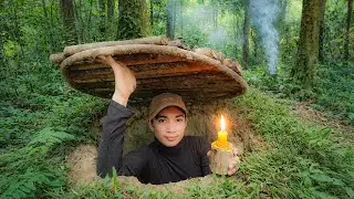 Amazing Girl Builing Hidden Dugout Under a Stump. Warm secret shelter. Bushcraft Survival