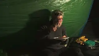 Old man hiker. ASMR Winter tarp camping. Cooking salmon outdoors. Mental health healing. Night alone