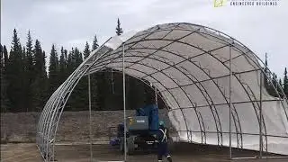 38'x60&prime; Double-Truss Portable Fabric Building  - Pulling the Cover Over