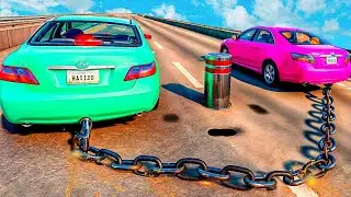 Chained Cars VS Bollards &ndash; BeamNg.Drive Part 53
