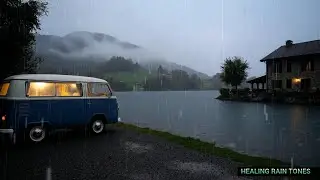 Vintage Camper Rain on Swiss Lake | Peaceful Rain Sounds for Sleep, Study, or Anxiety Relief 4K 🌫️
