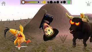 Mi Auto Bochinchero Azul y El Toro Negro Enojado En El Juego Del Pollito y El Tractor De La Granja