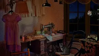 Vintage sewing room ambience🧵 |Sewing, crickets, movie playing in a radio sounds |Alluring Ambience
