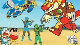 Shinchan and Nobita  &  Doraemon and Kid Spider man : Power Ranger robot vs Fire Dinosaur   - GTA V