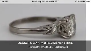 JEWELRY. GIA 1.74ct RBC Diamond Ring.