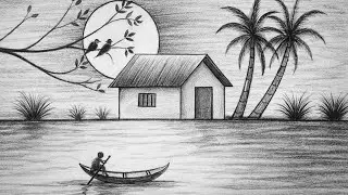 How to draw a beautiful village scenery // easy drawing // circle drawing @RongdhonuArtandDrawing 