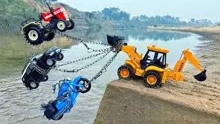 Swaraj Tractor Toyota Car Bullet Bike Riverside Accident Pulling Out JCB 3DX | Jcb Cartoon | AJ TOYS
