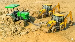 New Swaraj tractor Muddy accident Pulling out 2 JCB 3rd l JCB cartoon l tractor cartoon  jcb 