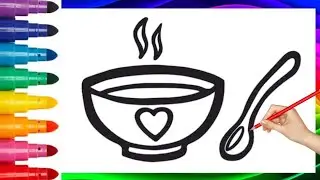 Drawing and Coloring A Bowl of Soup and Spoon For Kids and Toddlers