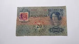 Czechoslovakia, Austro-Hungarian 20 K banknote with fake Czechoslovak stamp