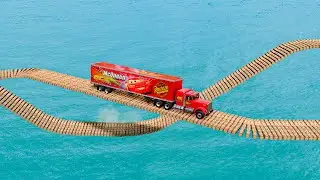 Mack Truck vs 2 Impossible Log Wave Bridge Crossing Cars Vs Deep Water - BeamNG.Drive