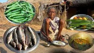 Rural old poor widow Grandma cooking FISH CURRY with Green Garlic & Green Peas recipe and eating 