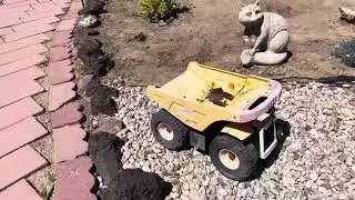 Toy Tonka Truck collection,Rust-Oleum to help preserve the trucks, Yard Decor,no chicken drama today