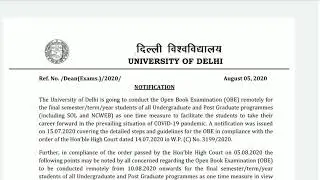 DU SOL New notification for Open book examination August 2020