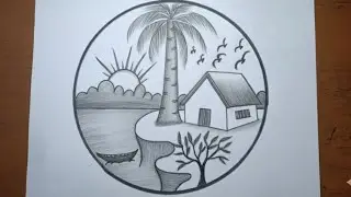 Pencil shading drawing easy in circle scenery/Sunrise landscape drawing in circle/Bhalo bhalo chitra
