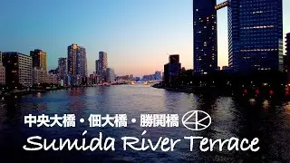 【東京夜景散歩】隅田川テラス ・中央大橋・佃大橋・勝鬨橋 黄昏から夜 4K Sumida River Terrace