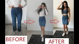 DIY DENIM SKIRT TUTORIAL -  JEANS TO SKIRT REFASHION