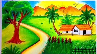 How to draw beautiful landscape scenery drawing step by step||sunset scenery.