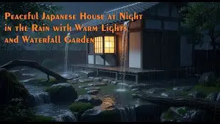 Peaceful Japanese House at Night in the Rain with Warm Lights and Waterfall Garden