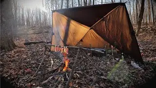 Lean To Tarp Shelter | Steak & Bacon Over the Fire | Starting a Bushcraft Camp