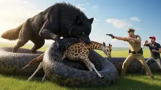 Unbelievable Jungle Clash: Monster Wolf Saves Giraffe from Giant Snake