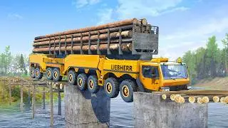EXTREME Heavy Logging Transport Crosses Broken Bridge
