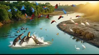 Giant Otter Hunting 4K | Pantanal Wildlife - Caiman & Jabiru ASMR