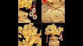 Lucky Feng Shui Citrine Tree of Life Bonsai - Gold Crystal Ornaments with Hanging Coin Charms